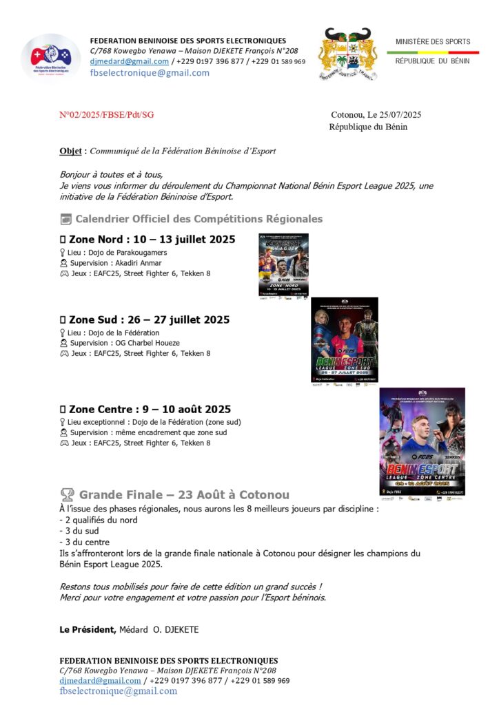 Communiqué de presse Fédération Béninoise des Sports Electroniques